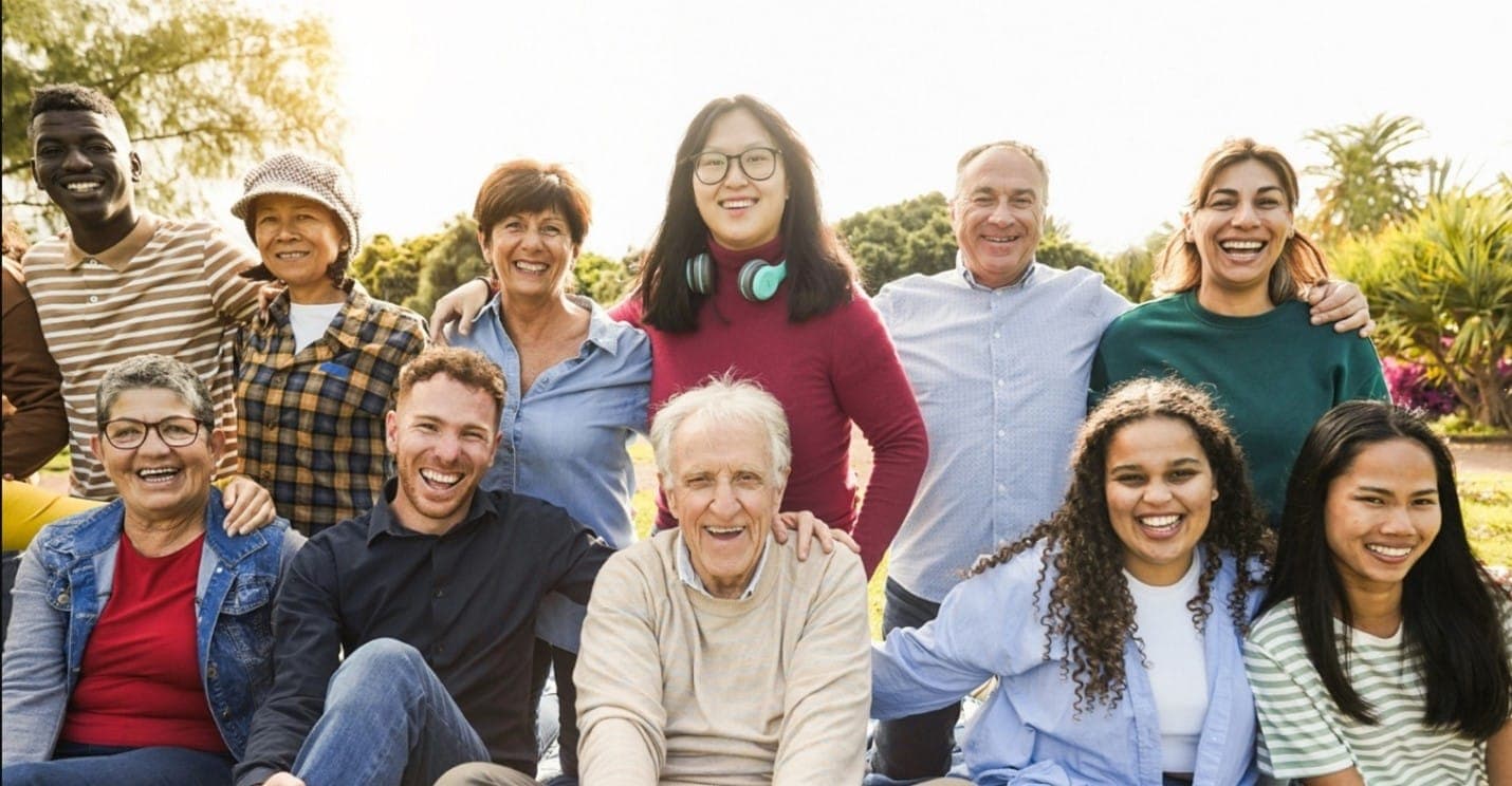 A smiling group of friends gathered outdoors